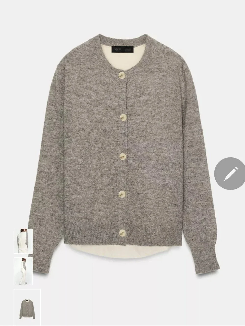Zara Gray Button-Front Cardigan with Cream Buttons and Tie